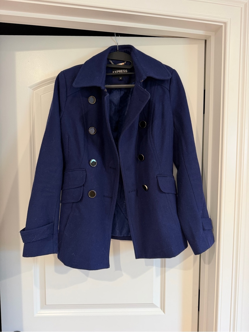 Express Navy Double-Breasted Wool-Blend Peacoat